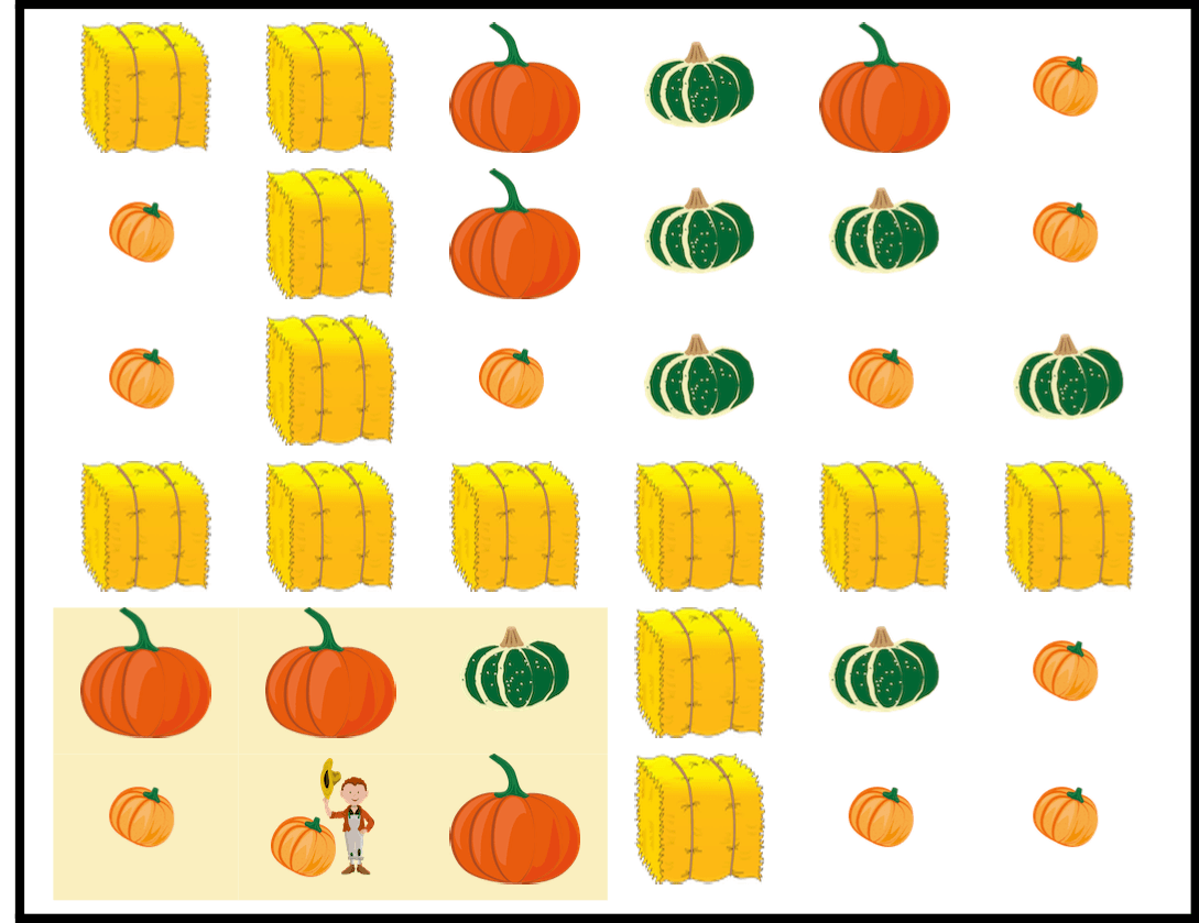 A 6 by 6 pumpkin patch. A person is standing in the sixth row and second column. A 2 by 3 group consisting of the first three pumpkins in the fifth and sixth rows is highlighted. This group is bordered by two edges of the patch and bales of hay, and it contains 2 small, 1 medium and 3 large pumpkins.