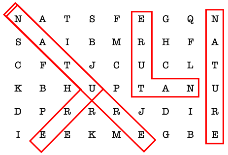 Nature appears diagonally, starting at the top-left letter of the grid and moving down and to the right, and appears vertically in the rightmost column, starting at the top and moving down. It appears as a capital L shape starting in the fourth row and eighth column and moving two to the left, then up three. It appears as a backwards and rotated L shape starting at the top-left letter and moving three diagonally down to the right, then moving two diagonally down to the left.