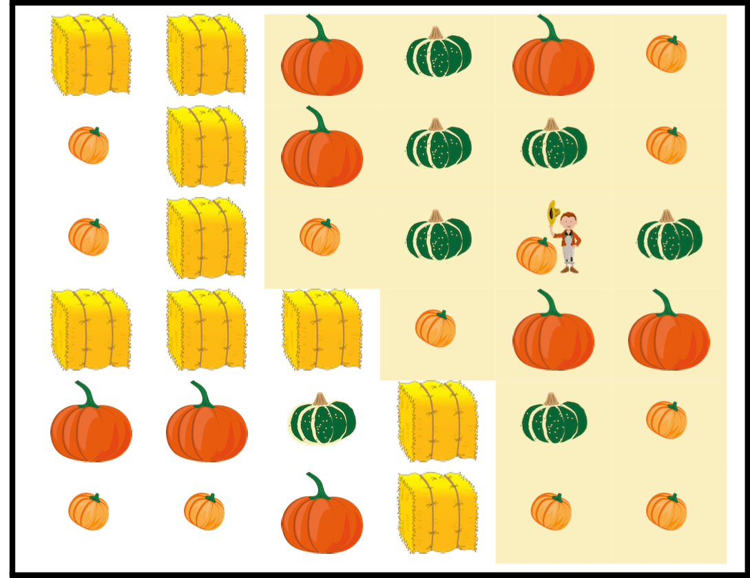 A 6 by 6 pumpkin patch. A person is standing in the third row and fifth column. A group formed by the last four pumpkins in the first three rows, the last three in the fourth row, and the last two in the fifth and six rows is highlighted. The group is bordered by three edges of the patch and bales of hay, and it contains 8 small, 6 medium and 5 large pumpkins.