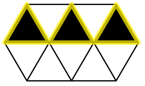 Two rows of five equilateral triangle tiles. In the top row, the tiles are pointing up, down, up, down, up. In the bottom row, the tiles are pointing down, up, down, up, down. Each tile pointing upward in the top row shares a side with a tile pointing downward in the bottom row. Each tile pointing upward in the top row is outlined in yellow.