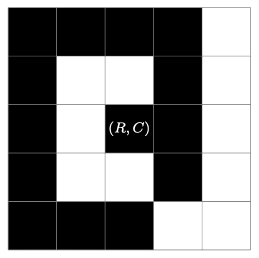 A 5 by 5 grid with each cell coloured either black or white and the centre cell labelled (R,C). All cells in the first column, fourth column, and bottom row are black except for the last two cells in the bottom row. Also, the centre square of the grid is black.